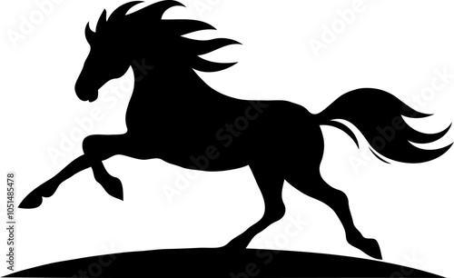 Minimalist illustration of a prancing horse, silhouette style. Cowntri and rural symbol