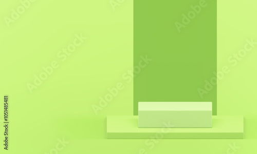 3d light green podium mock up for product show presentation realistic vector illustration. Minimalist squared pedestal with wall background geometric showcase advertising stand for shopping sale