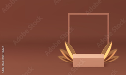 Pastel 3d podium with frame and golden leaves for presentation realistic vector illustration. Beige neutral squared pedestal and rectangle boarder wall background showcase for product show