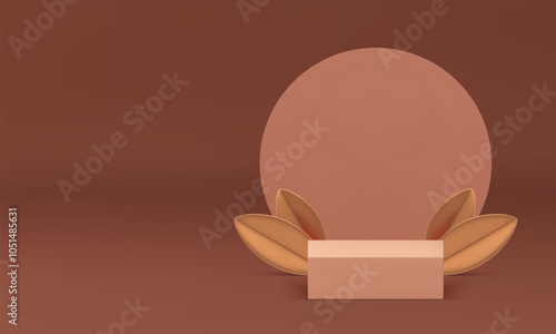 3d beige squared podium with golden leaves for product show realistic vector illustration. Pastel neutral pedestal with round wall background luxury elegant display showcase for presentation