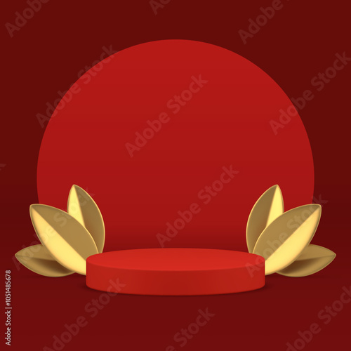 Red luxury 3d podium with golden leaves for product show realistic vector illustration. Fashion elegant cylinder pedestal with round wall background for premium shopping sale presentation advertising