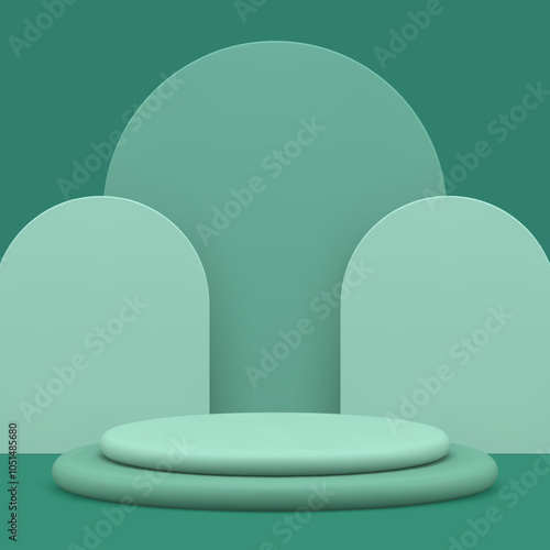3d green cylinder podium display mockup for product show presentation realistic vector illustration. Trendy minimalist aesthetic pedestal with semi circle wall background display for advertising