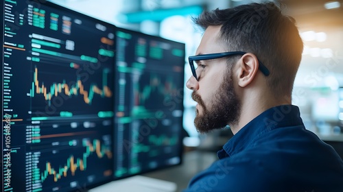 Focused analyst analyzing financial data on dual monitors in modern office environment for investment strategies