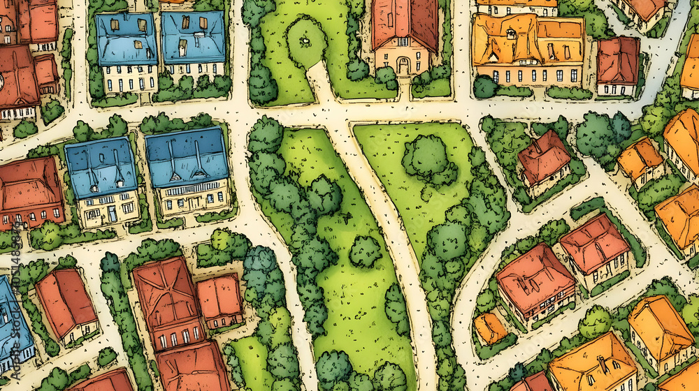 Obraz premium Colorful Urban Street Grid Overhead View