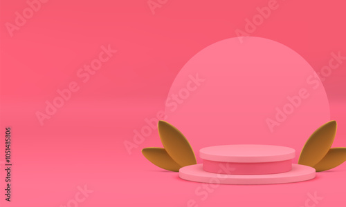 Pink 3d luxury podium pedestal mockup for cosmetic product show realistic vector illustration. Pastel elegant feminine cylinder stand with golden leaves and semi circle wall background presentation