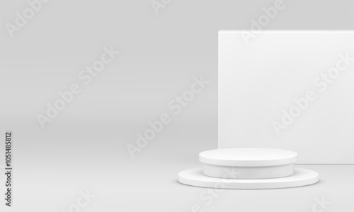 White 3d cylinder step podium mockup for cosmetic product show realistic vector illustration. Light minimalist pedestal with wall background trendy geometric showcase for presentation advertising