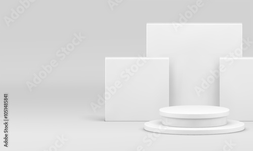 3d white podium display mockup for cosmetic product show realistic vector illustration. Light minimalist aesthetic cylinder pedestal with rectangle squared geometric wall background for presentation