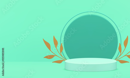 3d light green podium luxury pedestal for show presentation realistic vector illustration. Trendy elegant cylinder display with golden leaves and round wall background showcase premium shopping sale