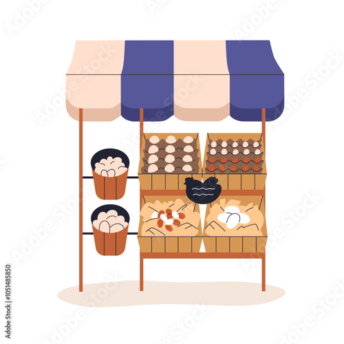 Chicken egg stall at outdoor market. Farmer produce displayed in kiosk, stand...