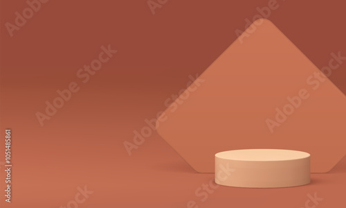 3d beige podium cylinder pedestal mockup for product show realistic vector illustration. Neutral pastel minimalist aesthetic cylinder stand with geometric wall background trendy display for sale