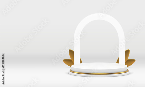 3d white cylinder podium with arch wall background for luxury show realistic vector illustration. Light elegant pedestal with golden decorative element and archway for product presentation