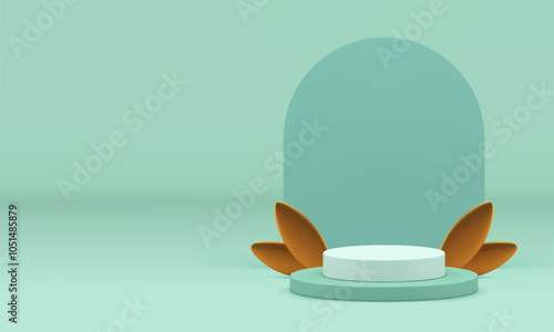 3d green pastel podium pedestal for product show presentation realistic vector illustration. Elegant luxury cylinder display with golden leaves and semi circle wall background commercial advertising