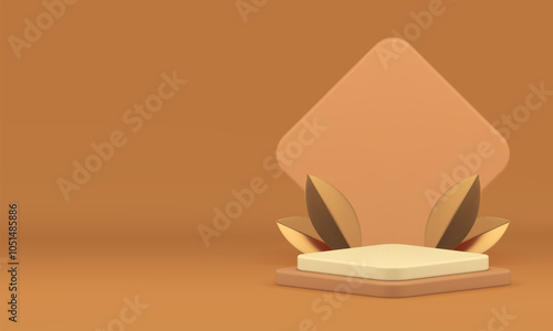 3d beige podium with golden leaves for product presentation realistic vector illustration. Neutral brown pedestal luxury showcase with wall background for premium shopping sale advertising