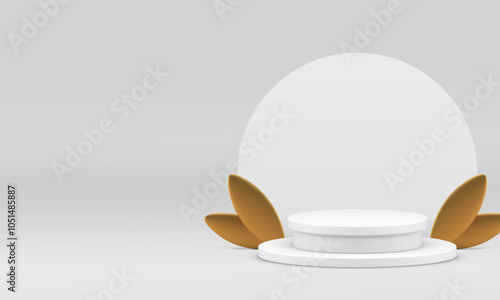 3d white cylinder podium with golden leaves for product show realistic vector illustration. Light elegant luxury pedestal with semi circle wall background mockup for presentation advertising