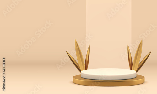3d beige luxury podium pedestal for product show presentation realistic vector illustration. Neutral pastel light display with golden grass leaves and wall background for shopping advertising