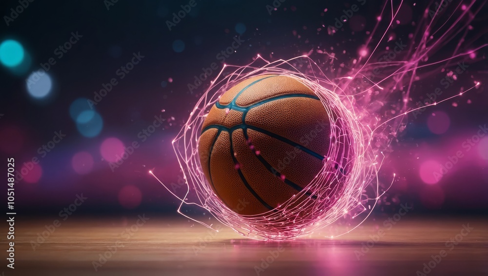 Wireframe basketball player dribbling a ball with glowing lines and pink particles in the background Wireframe basketball player dribbling a ball with glowing lines and pink particles in the background