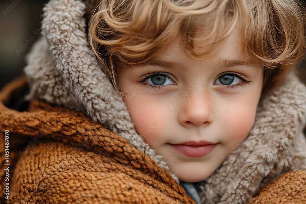 Child Wrapped in Blanket, Snuggling for Warmth
Child Wrapped in Blanket, Snuggling for Warmth