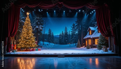 Nutcracker Ballet Christmas stage with decorated tree and winter scenery for festive presentation