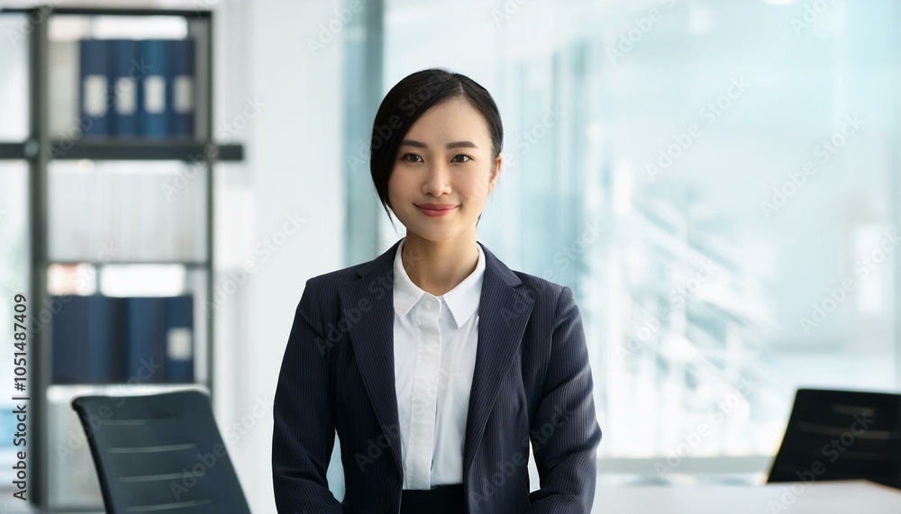 Confident businesswoman in a suit, smiling and looking directly at the camera Confident businesswoman in a suit, smiling and looking directly at the camera
