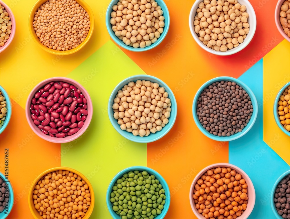 Colorful Bowls of Pulses and Legumes on Vibrant Background Colorful Bowls of Pulses and Legumes on Vibrant Background