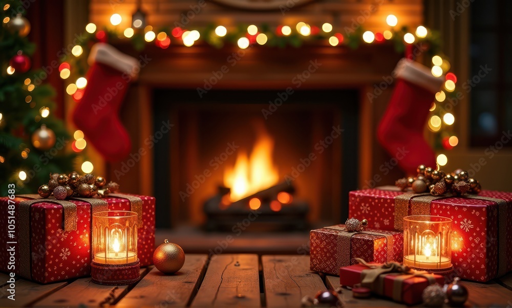 Fototapeta premium Christmas gifts tree lanterns fireplace mitten holiday