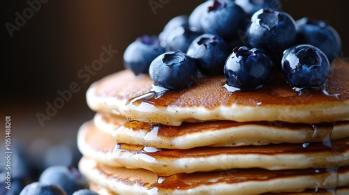 A stack of pancakes topped with lavender-infused blueberries, providing a fragrant and floral topping that pairs beautifully with the buttery pancakes photo