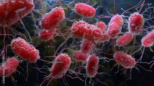 A close-up of a colony of Serratia marcescens bacteria, a type of bacteria known for its red pigmentation, under a microscope. Speculative Medical illustrative image photo