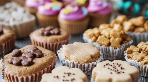 A close-up of handmade, pet-friendly bakery goods like peanut butter dog biscuits and grain-free pupcakes, designed for dogs with dietary sensitivities photo