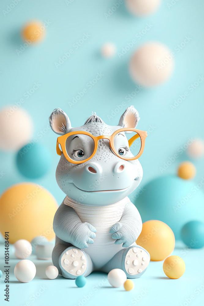 Adorable baby hippo with oversized glasses capturing a sarcastic smile in a colorful setting Adorable baby hippo with oversized glasses capturing a sarcastic smile in a colorful setting