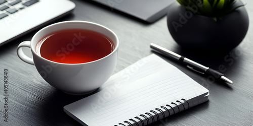 Elegant Tea Setting with Notebook on Desk

