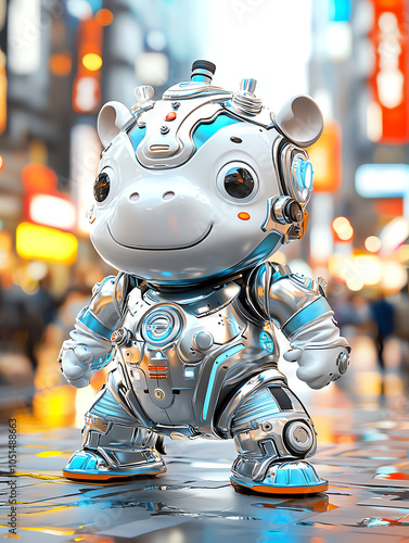 Wallpaper Mural Futuristic baby hippo in metallic suit a smirking marvel of technology and imagination in a bustling cityscape Torontodigital.ca