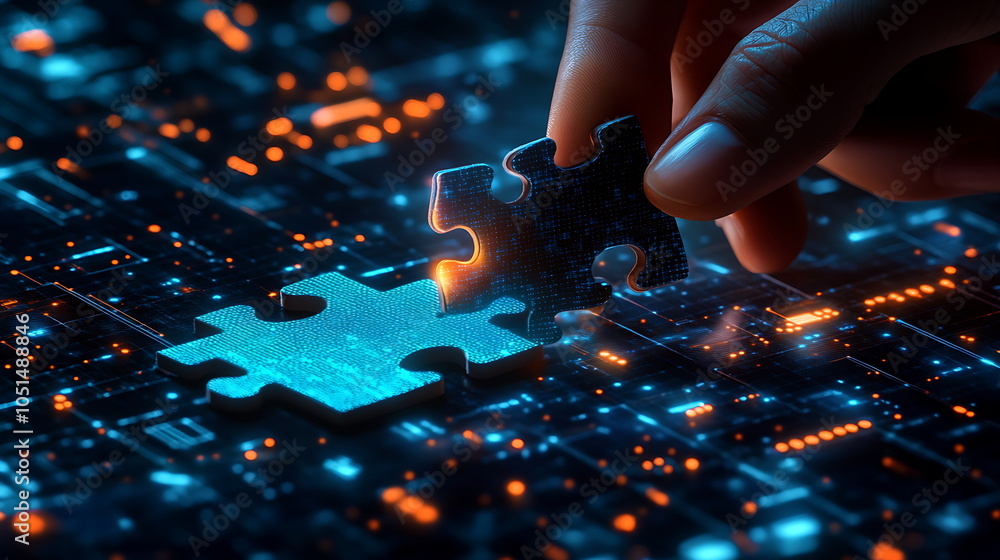 Finger placing a jigsaw puzzle piece on a digital, Generative AI Finger placing a jigsaw puzzle piece on a digital, Generative AI