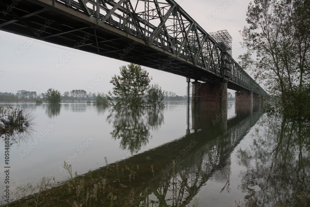 GPS INSIDE Flood River Po Ticino Bridge Becca water banks trees boats harbor panorama nature landscape