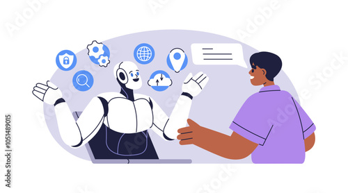 AI assistant and user conversation. Artificial intelligence, chat bot communication concept. Online chatbot, robot with automated support, help. Flat vector illustration isolated on white background