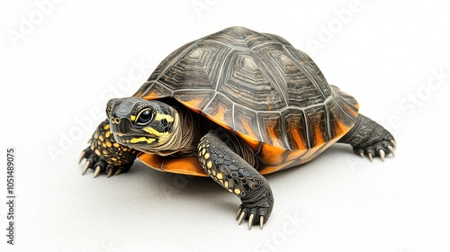 A small turtle with a black, brown and orange shell, with yellow markings on its head and legs, is walking forward on a white background.