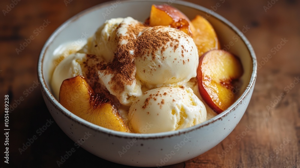 A dish of vanilla ice cream topped with caramelized peaches and a sprinkle of cinnamon, adding a warm, buttery-sweet topping to the cold dessert A dish of vanilla ice cream topped with caramelized peaches and a sprinkle of cinnamon, adding a warm, buttery-sweet topping to the cold dessert