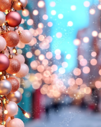 A festive street scene adorned with sparkling ornaments and soft bokeh lights.