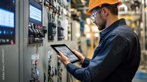A Technicians use tablets to monitor and control energy use in industrial plants through digital power management systems, helping to optimize energy flow and reduce waste.