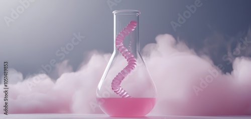 Elegant DNA helix in a beaker with pink liquid, abstract genetics concept, modern science in pastel tones, soft lab background