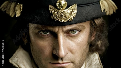 A close-up portrait of a man wearing a black hat with gold embellishments, looking directly at the camera