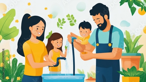 A family using sustainable water practices at home, with water-saving devices such as low-flow faucets and a smart irrigation system for the garden, reducing overall consumption photo