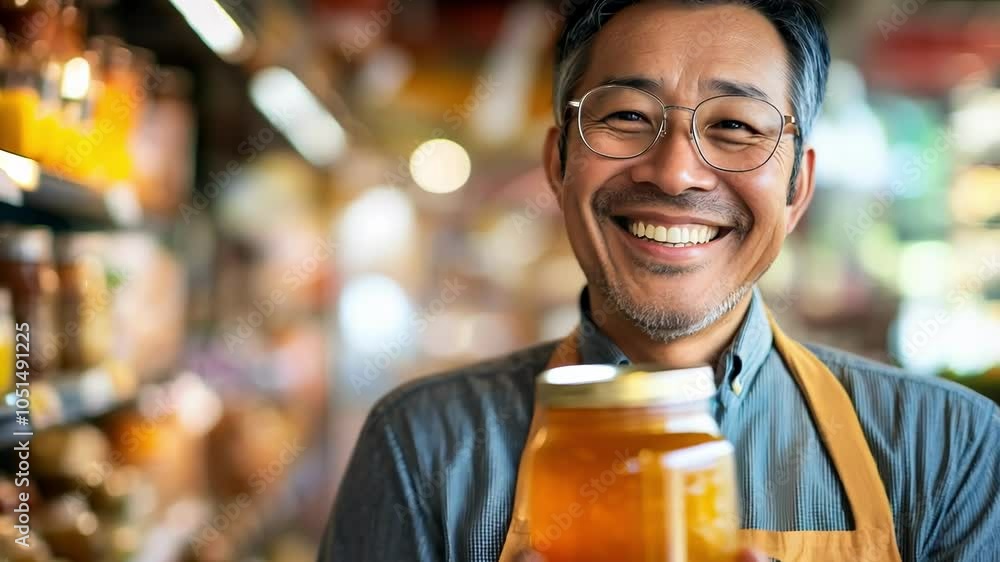 Smiling Man with Honey Jar at Market Smiling Man with Honey Jar at Market