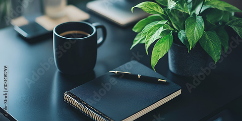Modern Workspace with Coffee Cup and Plant

