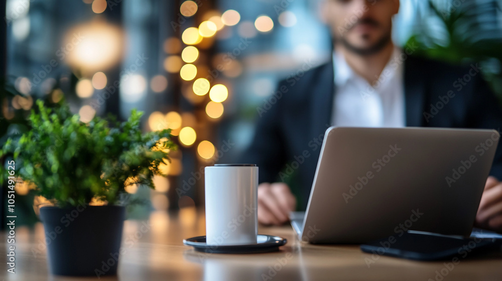 A businessman working on a laptop with a coffee cup in a modern office during the evening A businessman working on a laptop with a coffee cup in a modern office during the evening