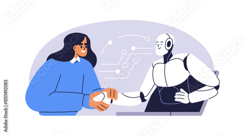 AI and human handshake. Cooperation and partnership concept. Artificial intelligence and person shaking hands for trust, deal in business. Flat vector illustration isolated on white background