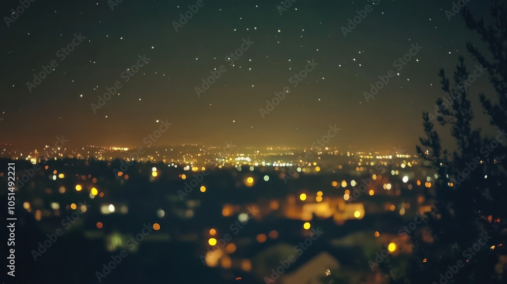 A timelapse photo showing the effects of light pollution, with blurred city lights overpowering the stars in the background, highlighting the loss of a natural night sky A timelapse photo showing the effects of light pollution, with blurred city lights overpowering the stars in the background, highlighting the loss of a natural night sky