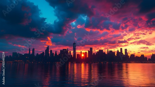 City Skyline Silhouetted Against a Vivid Sunset Sky