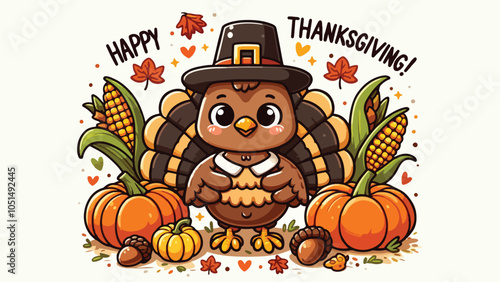 A cute cartoon-style turkey wearing a pilgrim hat, standing on a patch of fallen leaves. Around it are pumpkins, corn cobs, and acorns. The turkey holds a sign that reads, 'Happy Thanksgiving!' 3