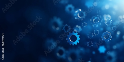 Digital gears floating in blue background create sense of innovation and technology. abstract design emphasizes connectivity and progress in modern world