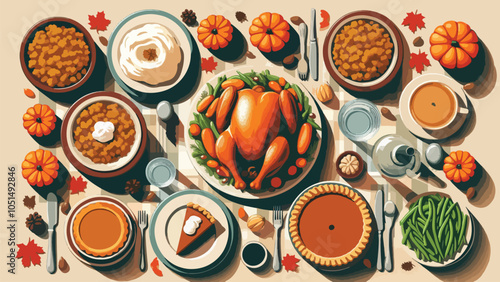 A top-down view of a Thanksgiving feast spread out on a table. The table is packed with a roasted turkey, stuffing, mashed potatoes, green beans, and pumpkin pie slices 